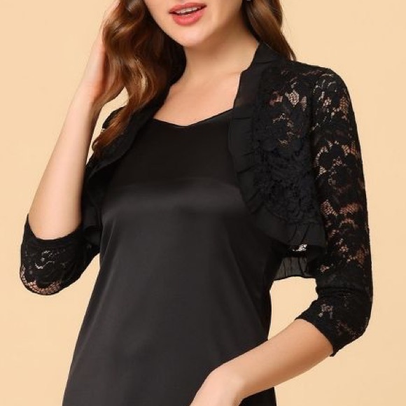 🌺 XL SHRUG LACE RUFFLE PLUS SIZE SHORT MID SHIRT COVER TOP BLACK SHEER ELEGANT - Picture 5 of 6